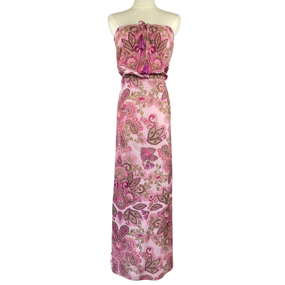 Calypso St. Barth Paisley Strapless Maxi Dress L Pink Tassel Smocked Boho